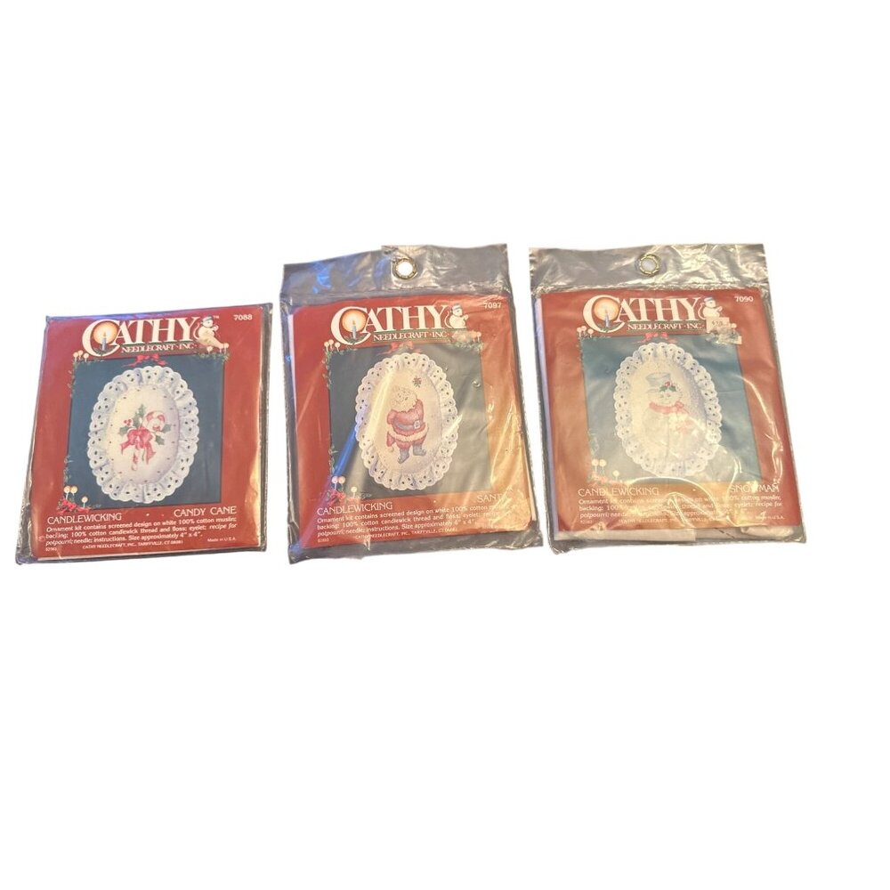 Cathy Needlecraft Candlewicking Ornament Kits Lot of 3 Santa Snowman‎ Candy Cane